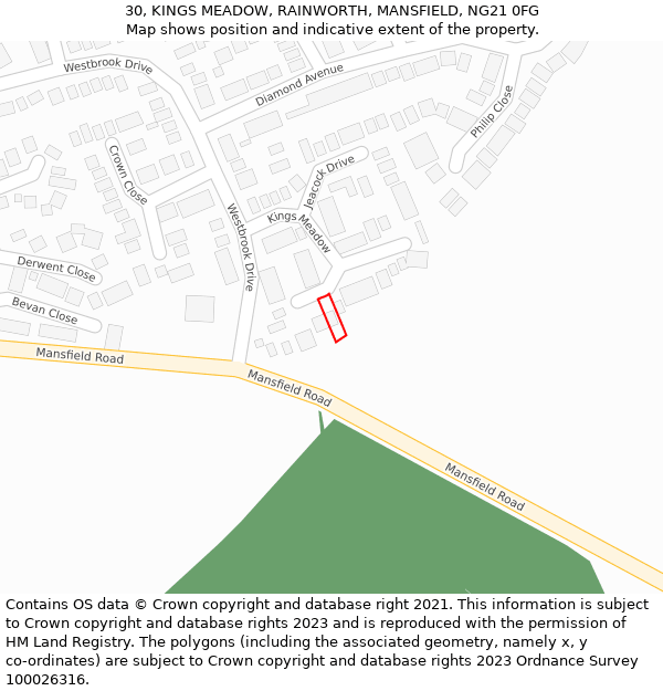 30, KINGS MEADOW, RAINWORTH, MANSFIELD, NG21 0FG: Location map and indicative extent of plot