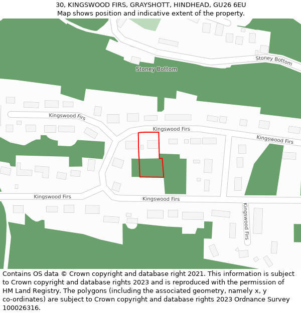30, KINGSWOOD FIRS, GRAYSHOTT, HINDHEAD, GU26 6EU: Location map and indicative extent of plot