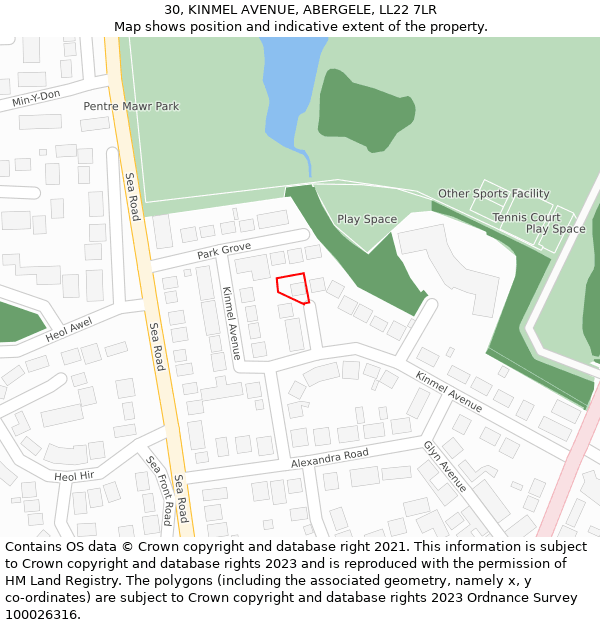 30, KINMEL AVENUE, ABERGELE, LL22 7LR: Location map and indicative extent of plot