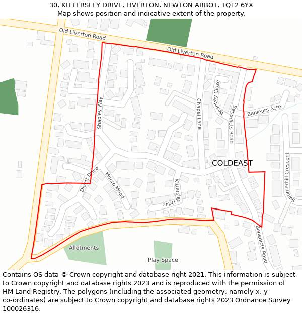 30, KITTERSLEY DRIVE, LIVERTON, NEWTON ABBOT, TQ12 6YX: Location map and indicative extent of plot