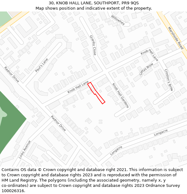 30, KNOB HALL LANE, SOUTHPORT, PR9 9QS: Location map and indicative extent of plot