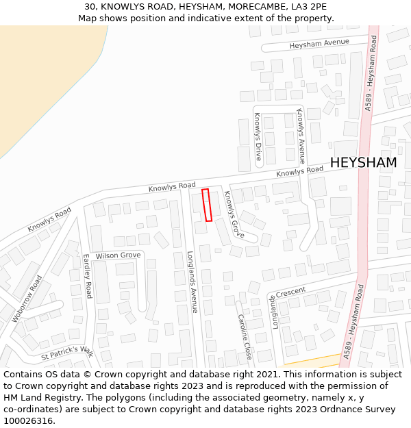 30, KNOWLYS ROAD, HEYSHAM, MORECAMBE, LA3 2PE: Location map and indicative extent of plot