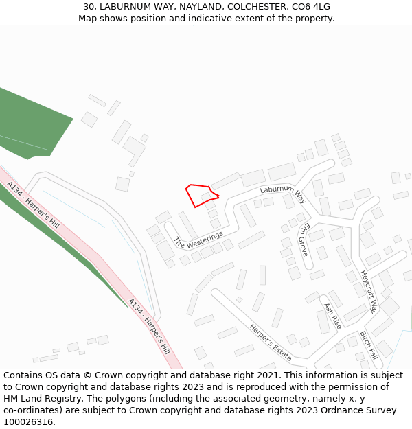 30, LABURNUM WAY, NAYLAND, COLCHESTER, CO6 4LG: Location map and indicative extent of plot