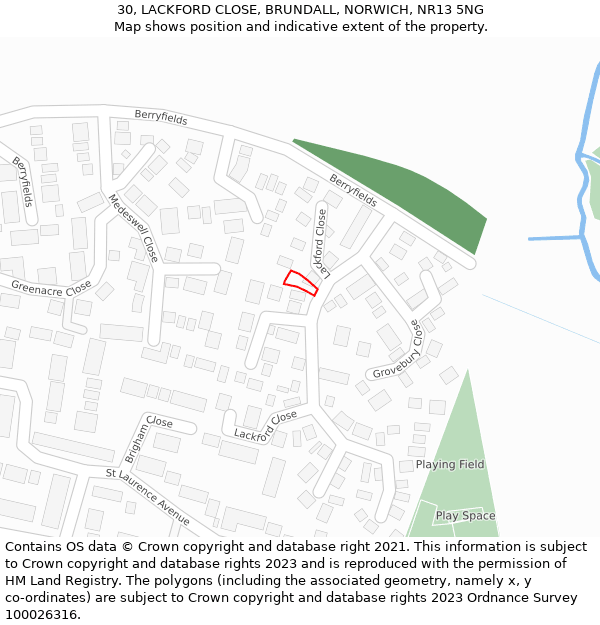 30, LACKFORD CLOSE, BRUNDALL, NORWICH, NR13 5NG: Location map and indicative extent of plot