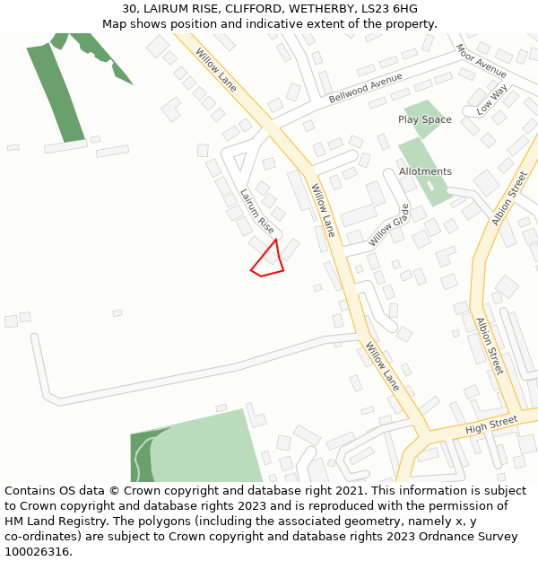 30, LAIRUM RISE, CLIFFORD, WETHERBY, LS23 6HG: Location map and indicative extent of plot