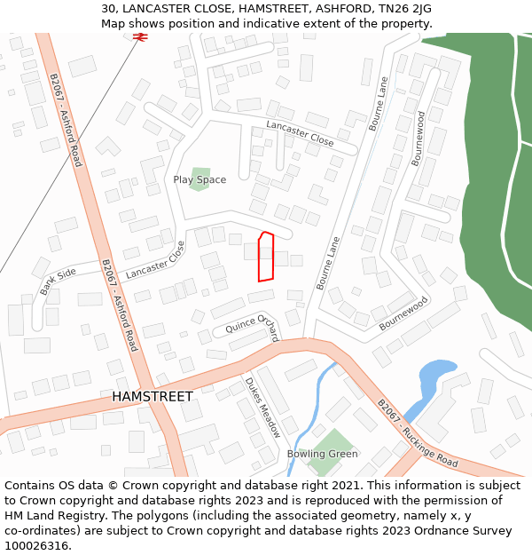 30, LANCASTER CLOSE, HAMSTREET, ASHFORD, TN26 2JG: Location map and indicative extent of plot