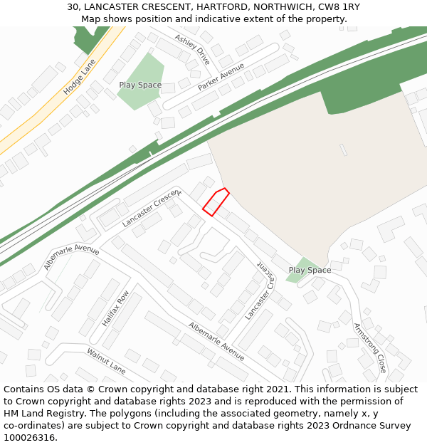 30, LANCASTER CRESCENT, HARTFORD, NORTHWICH, CW8 1RY: Location map and indicative extent of plot