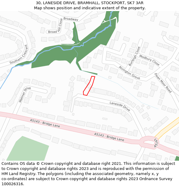 30, LANESIDE DRIVE, BRAMHALL, STOCKPORT, SK7 3AR: Location map and indicative extent of plot