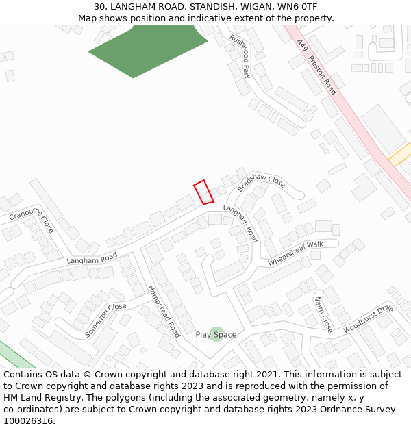 30, LANGHAM ROAD, STANDISH, WIGAN, WN6 0TF: Location map and indicative extent of plot