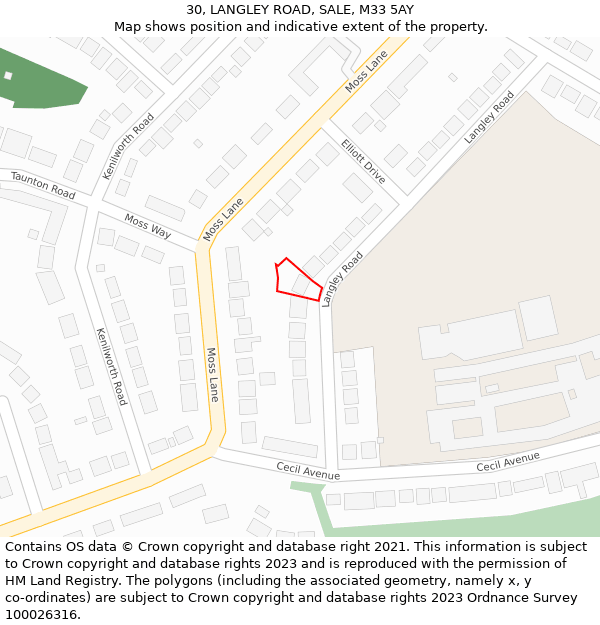 30, LANGLEY ROAD, SALE, M33 5AY: Location map and indicative extent of plot