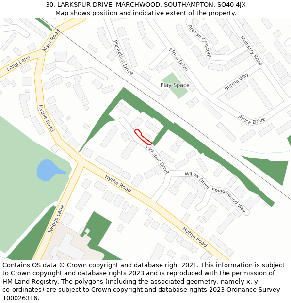 30, LARKSPUR DRIVE, MARCHWOOD, SOUTHAMPTON, SO40 4JX: Location map and indicative extent of plot