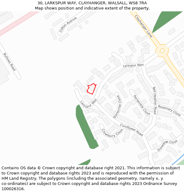 30, LARKSPUR WAY, CLAYHANGER, WALSALL, WS8 7RA: Location map and indicative extent of plot