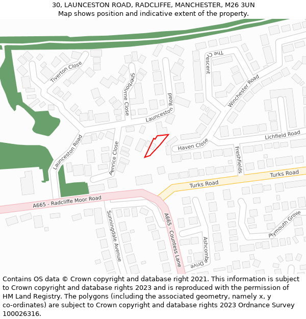 30, LAUNCESTON ROAD, RADCLIFFE, MANCHESTER, M26 3UN: Location map and indicative extent of plot
