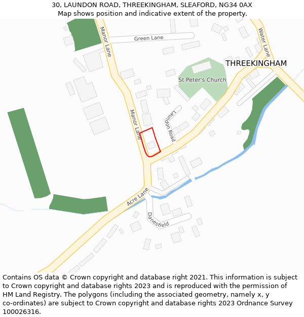 30, LAUNDON ROAD, THREEKINGHAM, SLEAFORD, NG34 0AX: Location map and indicative extent of plot