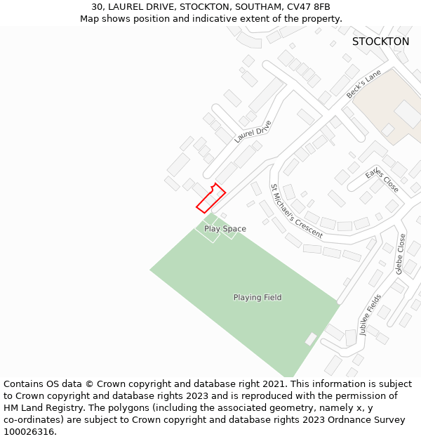 30, LAUREL DRIVE, STOCKTON, SOUTHAM, CV47 8FB: Location map and indicative extent of plot