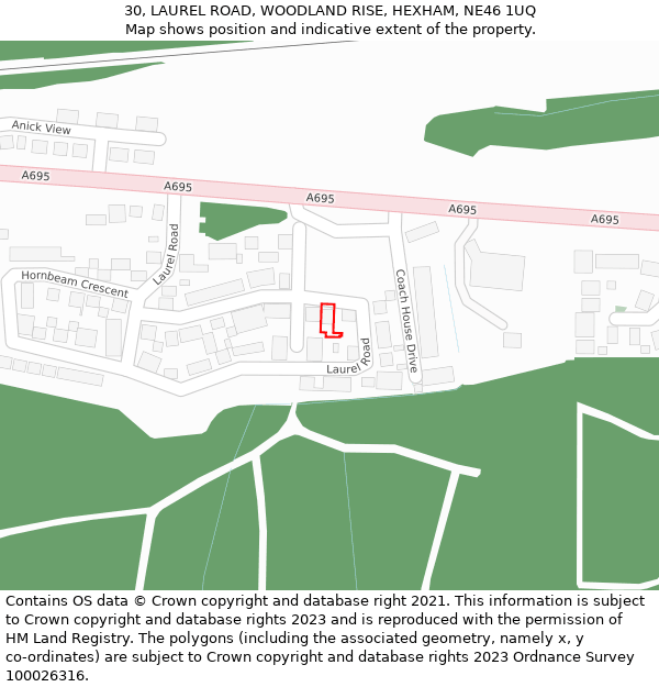30, LAUREL ROAD, WOODLAND RISE, HEXHAM, NE46 1UQ: Location map and indicative extent of plot