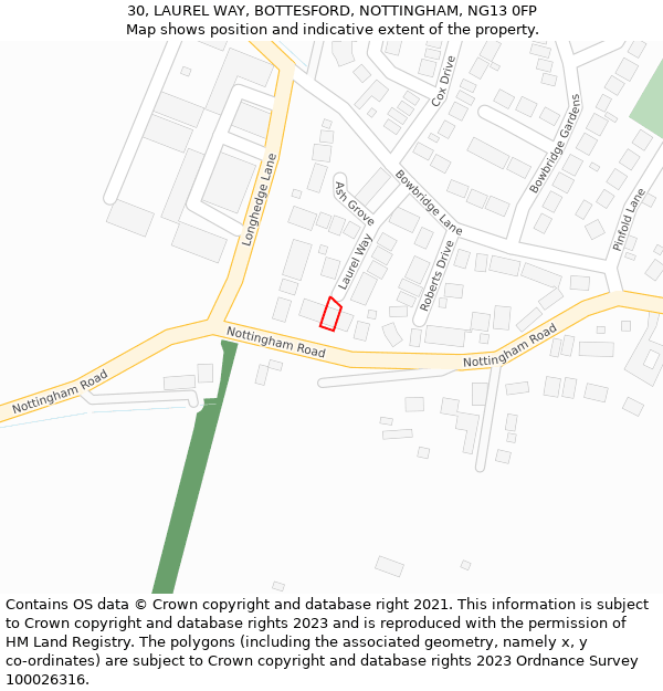 30, LAUREL WAY, BOTTESFORD, NOTTINGHAM, NG13 0FP: Location map and indicative extent of plot
