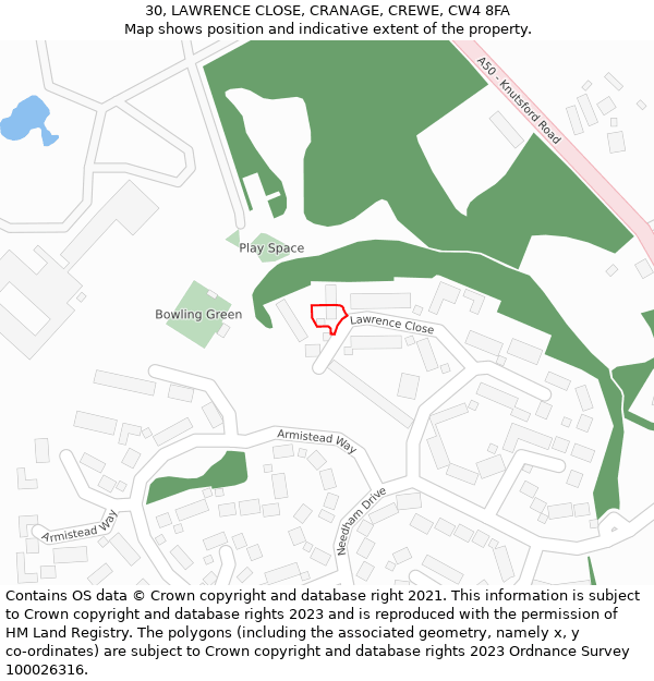 30, LAWRENCE CLOSE, CRANAGE, CREWE, CW4 8FA: Location map and indicative extent of plot