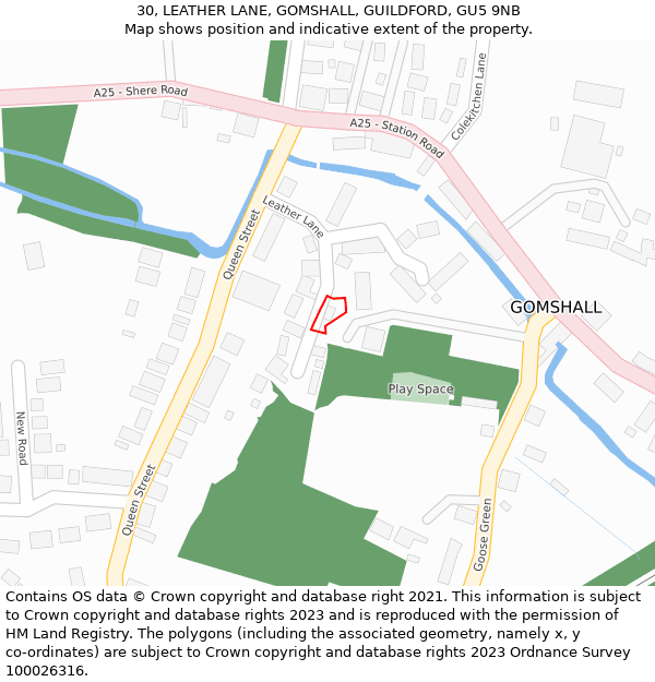 30, LEATHER LANE, GOMSHALL, GUILDFORD, GU5 9NB: Location map and indicative extent of plot