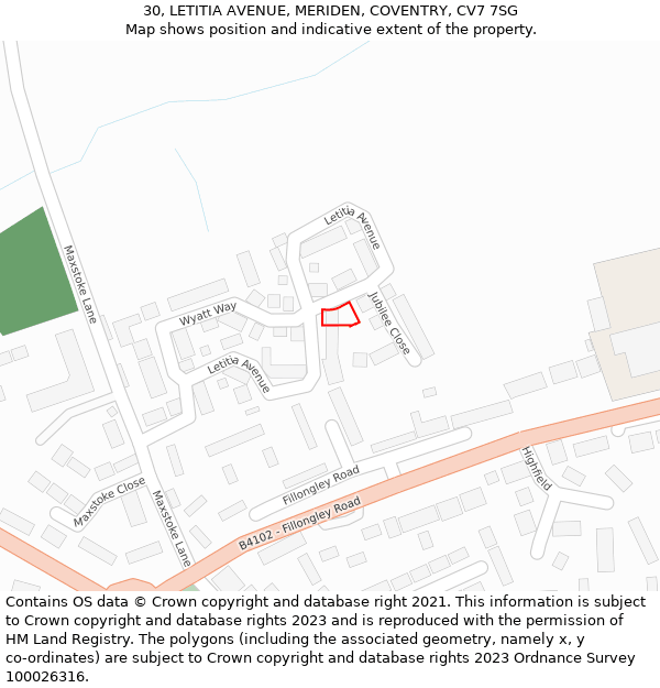 30, LETITIA AVENUE, MERIDEN, COVENTRY, CV7 7SG: Location map and indicative extent of plot