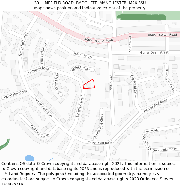 30, LIMEFIELD ROAD, RADCLIFFE, MANCHESTER, M26 3SU: Location map and indicative extent of plot