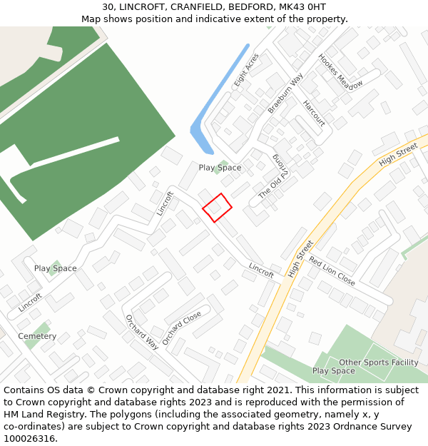 30, LINCROFT, CRANFIELD, BEDFORD, MK43 0HT: Location map and indicative extent of plot