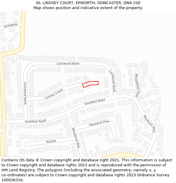 30, LINDSEY COURT, EPWORTH, DONCASTER, DN9 1SD: Location map and indicative extent of plot