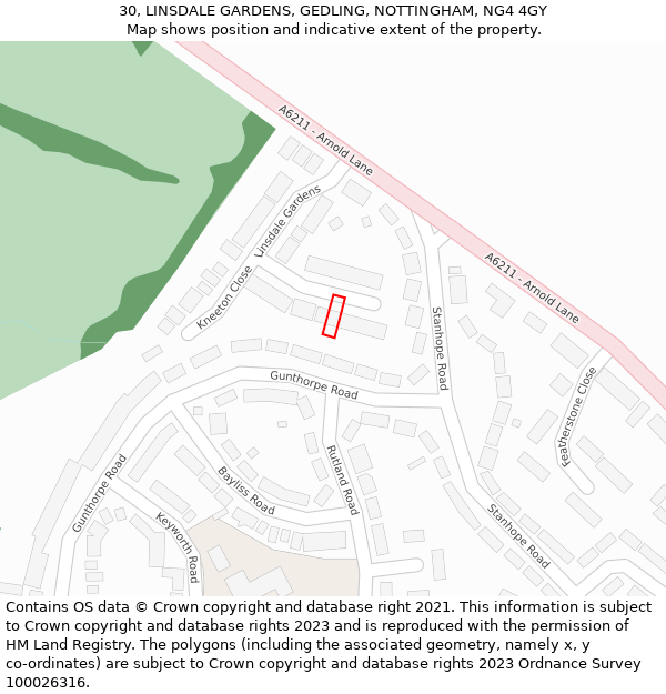 30, LINSDALE GARDENS, GEDLING, NOTTINGHAM, NG4 4GY: Location map and indicative extent of plot