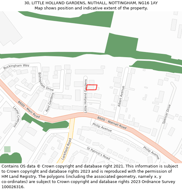 30, LITTLE HOLLAND GARDENS, NUTHALL, NOTTINGHAM, NG16 1AY: Location map and indicative extent of plot