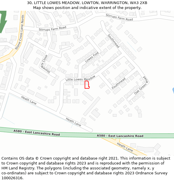 30, LITTLE LOWES MEADOW, LOWTON, WARRINGTON, WA3 2XB: Location map and indicative extent of plot