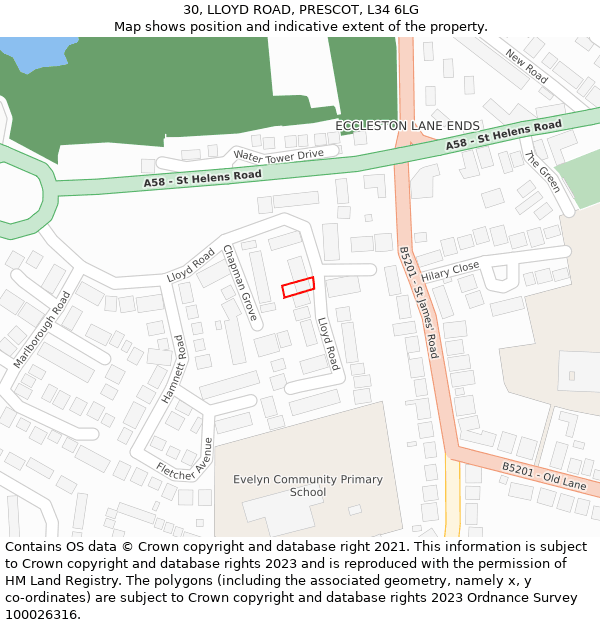 30, LLOYD ROAD, PRESCOT, L34 6LG: Location map and indicative extent of plot