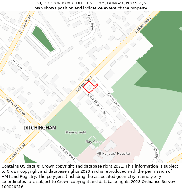 30, LODDON ROAD, DITCHINGHAM, BUNGAY, NR35 2QN: Location map and indicative extent of plot