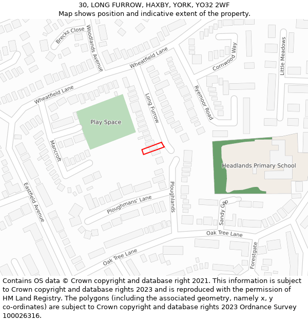 30, LONG FURROW, HAXBY, YORK, YO32 2WF: Location map and indicative extent of plot