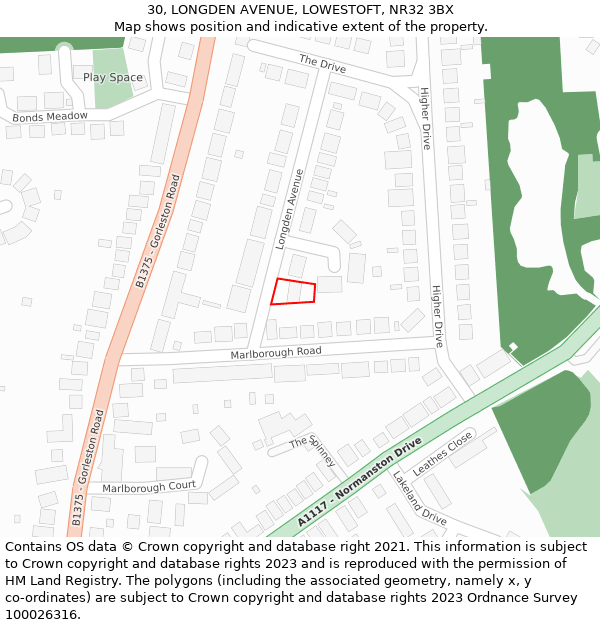30, LONGDEN AVENUE, LOWESTOFT, NR32 3BX: Location map and indicative extent of plot