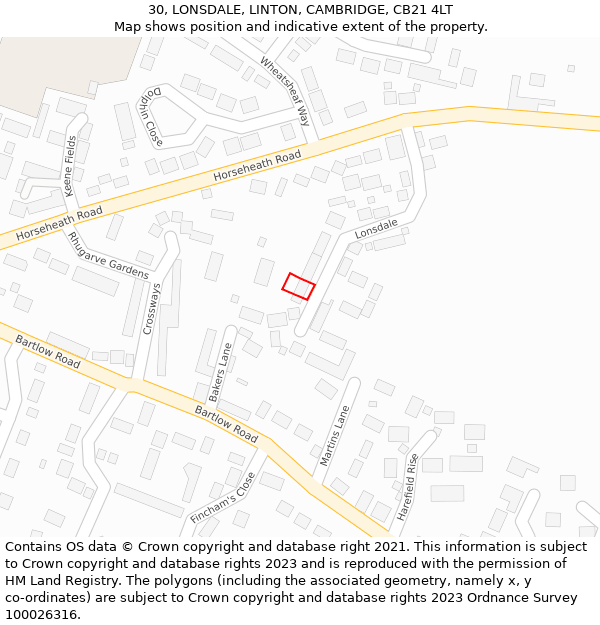 30, LONSDALE, LINTON, CAMBRIDGE, CB21 4LT: Location map and indicative extent of plot