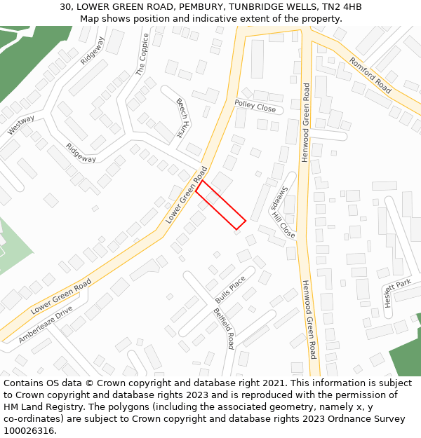 30, LOWER GREEN ROAD, PEMBURY, TUNBRIDGE WELLS, TN2 4HB: Location map and indicative extent of plot