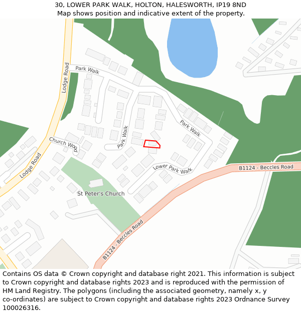 30, LOWER PARK WALK, HOLTON, HALESWORTH, IP19 8ND: Location map and indicative extent of plot