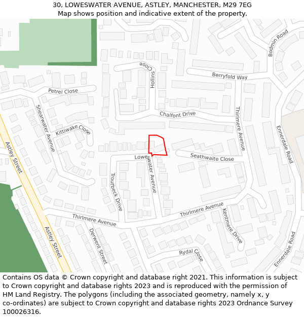 30, LOWESWATER AVENUE, ASTLEY, MANCHESTER, M29 7EG: Location map and indicative extent of plot