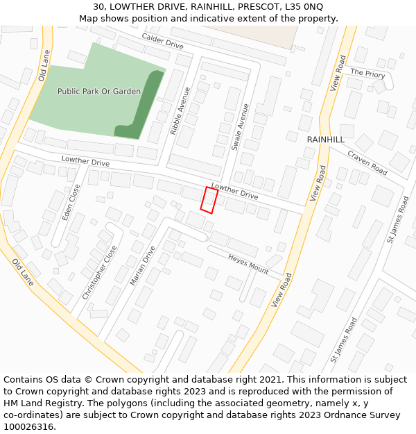 30, LOWTHER DRIVE, RAINHILL, PRESCOT, L35 0NQ: Location map and indicative extent of plot