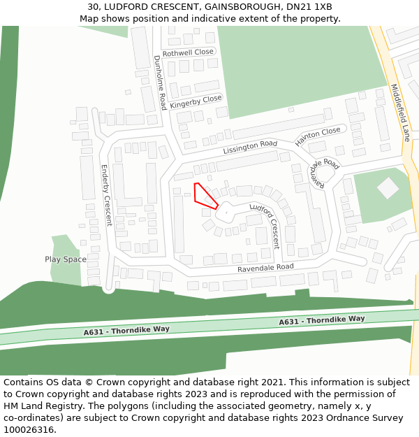 30, LUDFORD CRESCENT, GAINSBOROUGH, DN21 1XB: Location map and indicative extent of plot