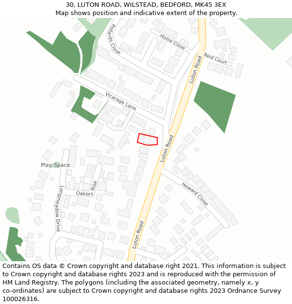30, LUTON ROAD, WILSTEAD, BEDFORD, MK45 3EX: Location map and indicative extent of plot