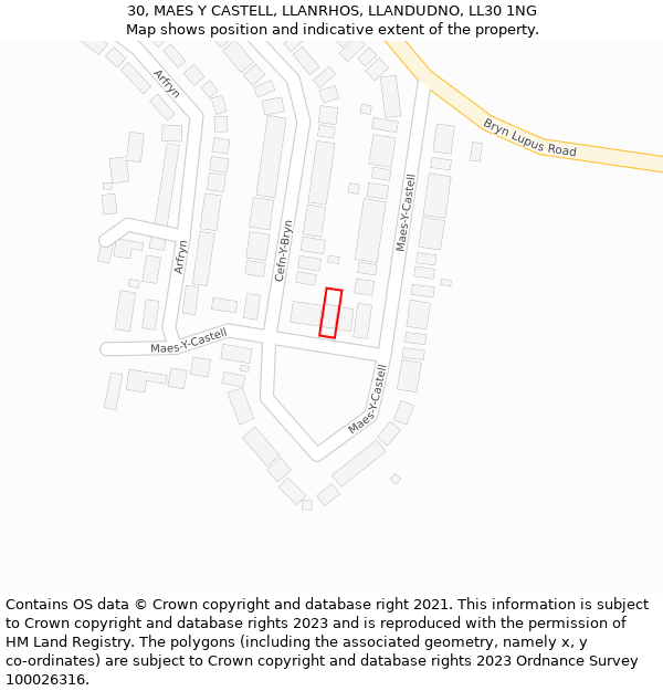 30, MAES Y CASTELL, LLANRHOS, LLANDUDNO, LL30 1NG: Location map and indicative extent of plot