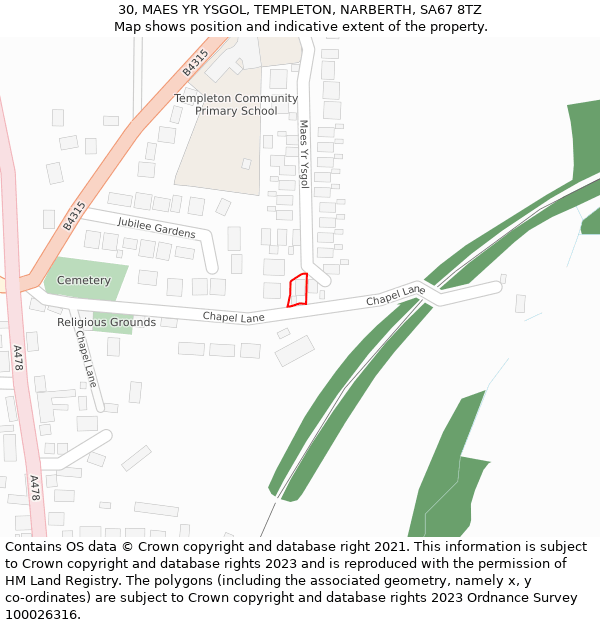 30, MAES YR YSGOL, TEMPLETON, NARBERTH, SA67 8TZ: Location map and indicative extent of plot