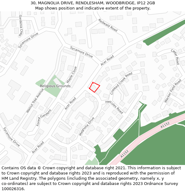 30, MAGNOLIA DRIVE, RENDLESHAM, WOODBRIDGE, IP12 2GB: Location map and indicative extent of plot