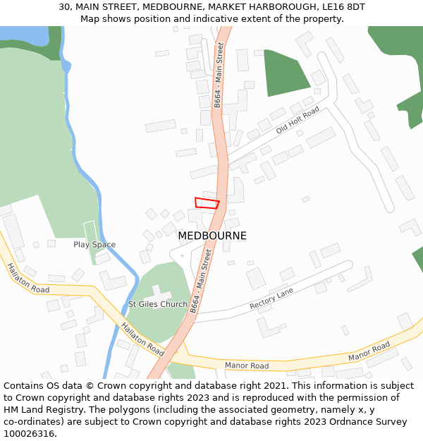 30, MAIN STREET, MEDBOURNE, MARKET HARBOROUGH, LE16 8DT: Location map and indicative extent of plot
