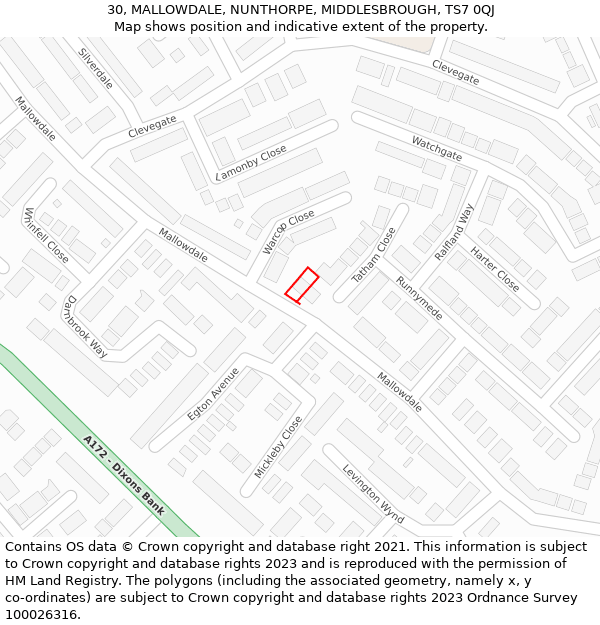 30, MALLOWDALE, NUNTHORPE, MIDDLESBROUGH, TS7 0QJ: Location map and indicative extent of plot