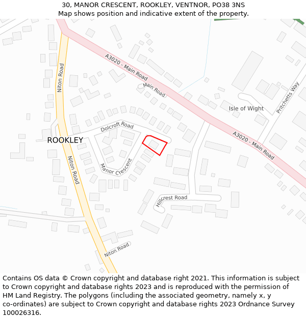 30, MANOR CRESCENT, ROOKLEY, VENTNOR, PO38 3NS: Location map and indicative extent of plot