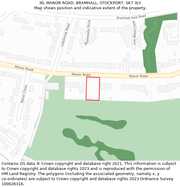 30, MANOR ROAD, BRAMHALL, STOCKPORT, SK7 3LY: Location map and indicative extent of plot