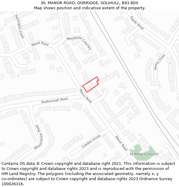 30, MANOR ROAD, DORRIDGE, SOLIHULL, B93 8DX: Location map and indicative extent of plot