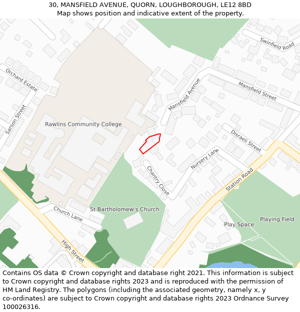 30, MANSFIELD AVENUE, QUORN, LOUGHBOROUGH, LE12 8BD: Location map and indicative extent of plot